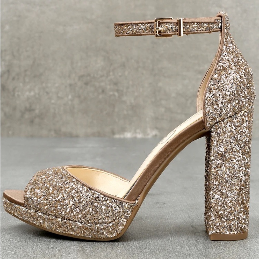 JESSICA SIMPSON JENEE2 LIRA GOLD GLITTER PLATFORM HEELS BNWOT - Picture 5 of 5